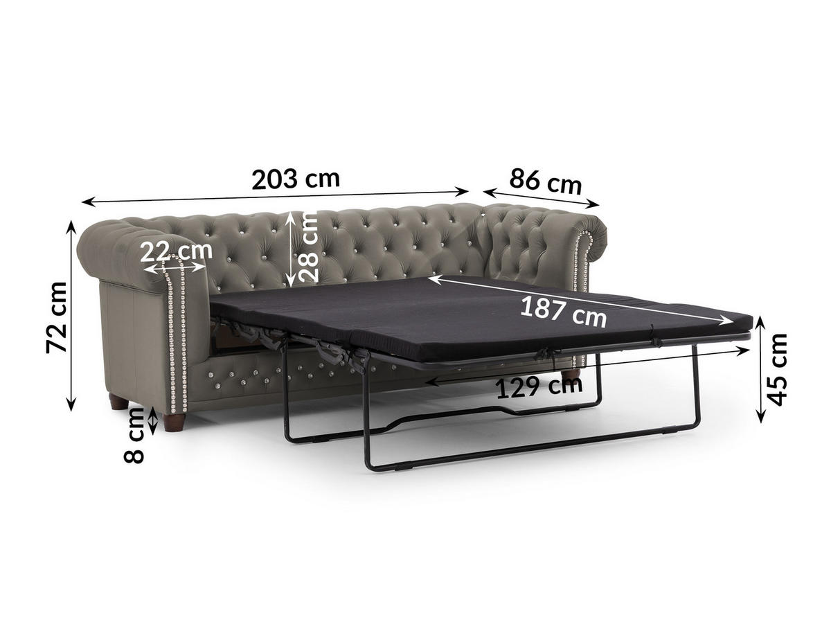 CHESTERFIELD-SOFA 3-Sitzer mit Schlaffunktion Cleo Blink Grau Samt mit Kristallsteppung und braunen Massivholzfüßen - Braun/Grau, Holz/Textil (203/72/86cm) - S-Style Möbel