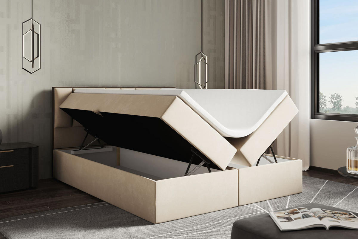 BOXBETT 160 x 200 cm mit H3 Taschenmatratze TRAPANI, Topper 5 cm und Bettkasten, Hellbeige - Beige, Holz/Textil (160/200cm) - Trada