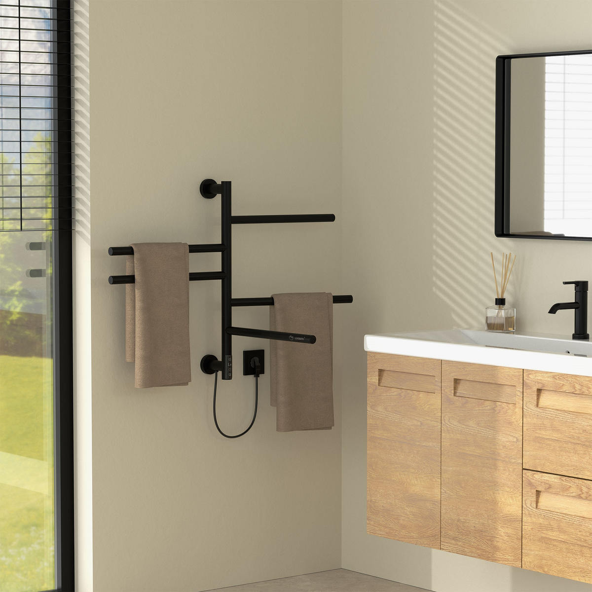 HANDTUCHWÄRMER Elektrisch Schwarz matt 75W 450x622 mm 180° drehbar - Schwarz, Metall (45/62.2/3cm) - LuxeBath