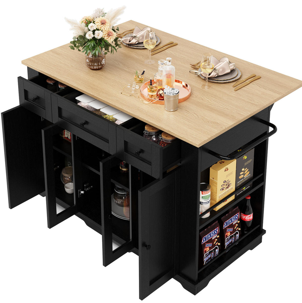 KÜCHENINSEL 151,5/60/91,7 cm aus MDF, Metall und Glas mit klappbarer Tischplatte Schwarz/Natur - Schwarz, Holzwerkstoff (151.5/91.7/85cm) - Modenvie