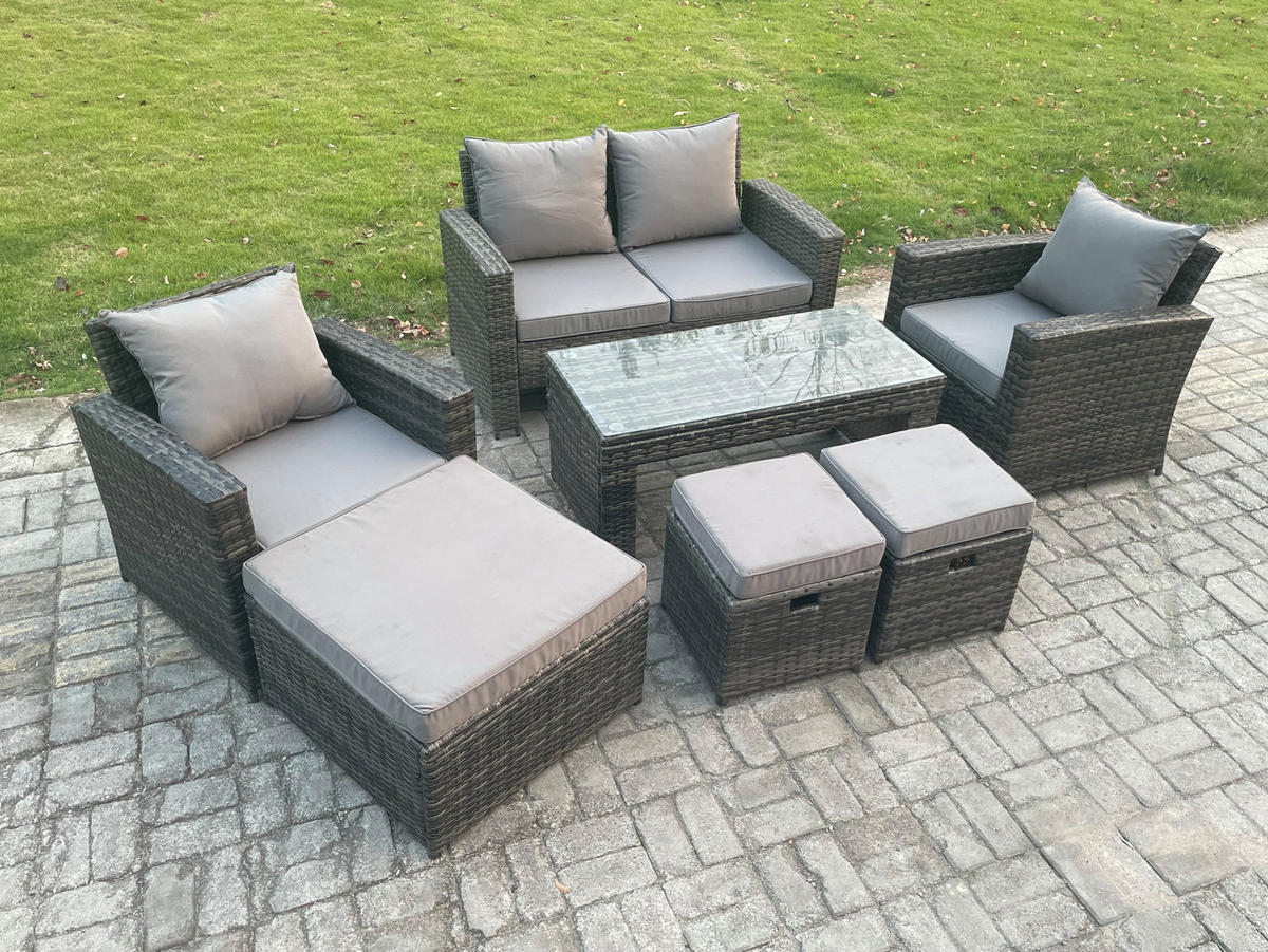 GARTEN SOFA SET mit 3 HOCKER Polyrattan Dunkelgrau 7-Sitzer - Dunkelgrau, Metall - Fimous