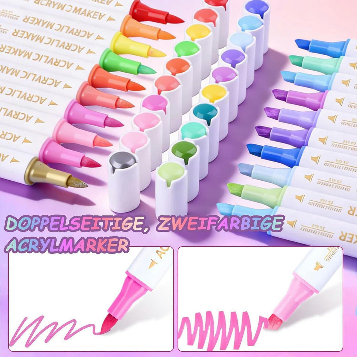 ACRYLSTIFTE 48 Farben 24 Stück Set Doppelspitzen für Stein, Holz, Glas - Multicolor, Kunststoff (1.5/1.5/15cm)