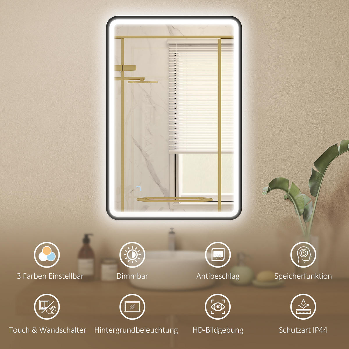 BADSPIEGEL mit Beleuchtung 90x60 cm LED Spiegel mit 3 Lichtfarben Dimmbar - Schwarz, Glas (4/90/60cm) - HOMCOM