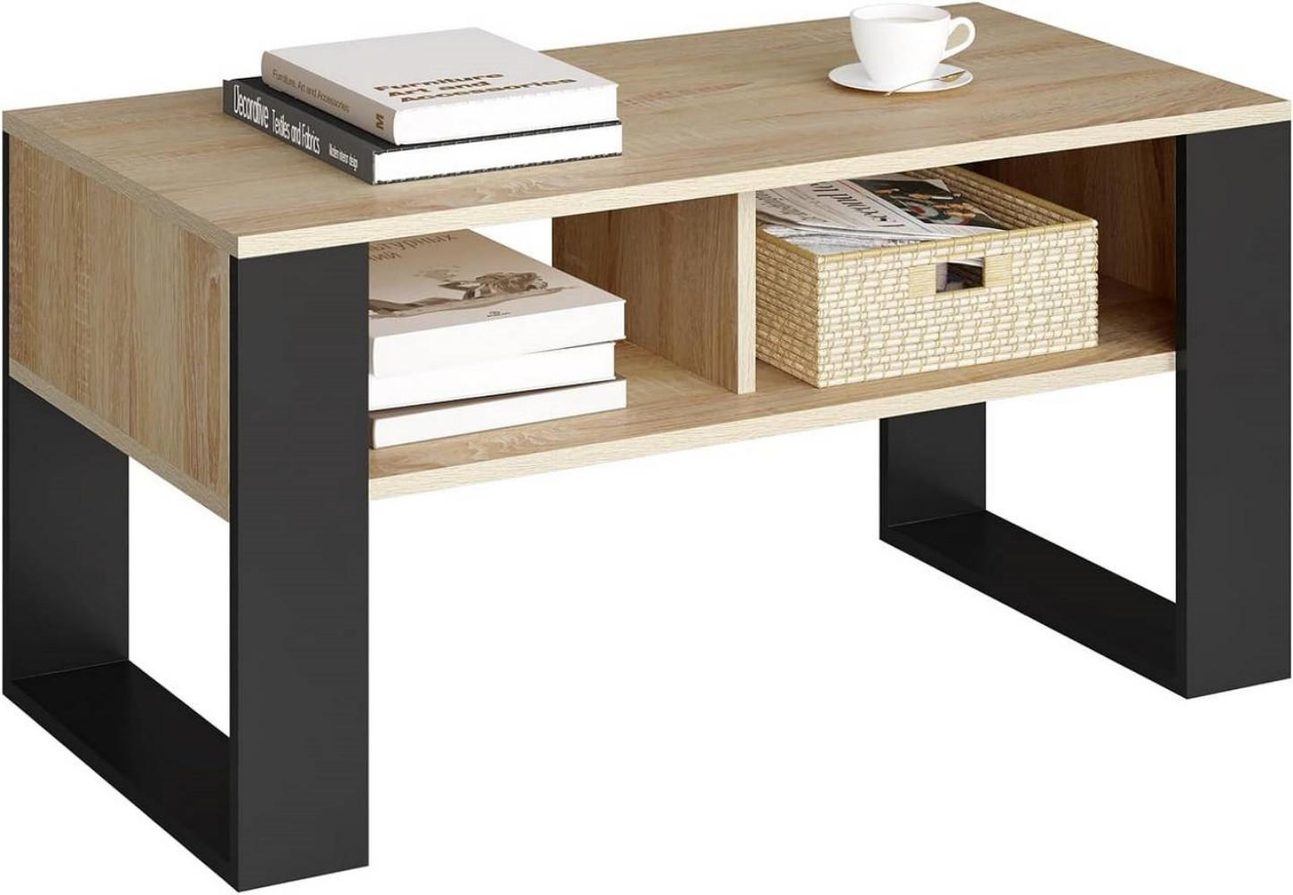 COUCHTISCH mit 2 offene Fächer, Hell Eiche - Ahornfarben/Schwarz, Holzwerkstoff (45/90/45.5cm) - Woltu