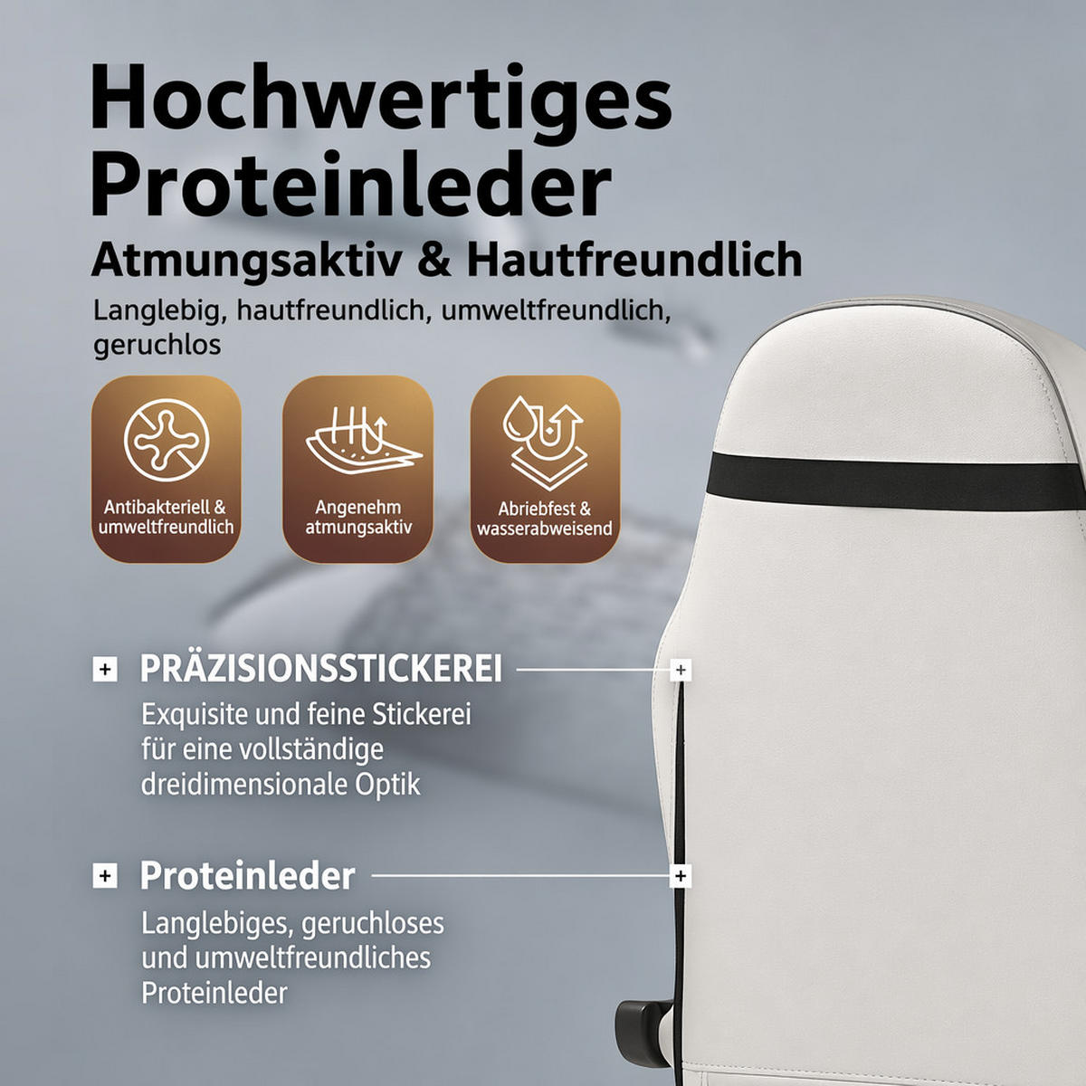 GAMING-STUHL weiß mit Rautensteppung, Fußstütze, Nacken- und Lendenkissen, höhenverstellbar - Weiß, Leder (54/124/62cm) - BRILVERDE