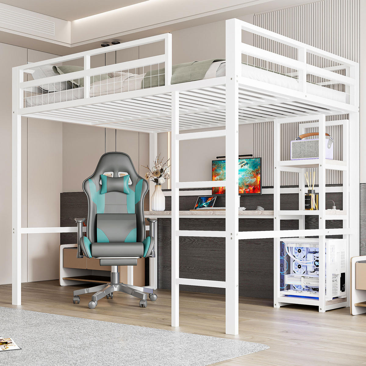 HOCHBETT 140 x 200cm Eisenrahmen，mit usb type-c, Geländer, Trittleiter, ohne Matratze, weiß - Weiß, Metall (140/200cm) - KOMHTOM