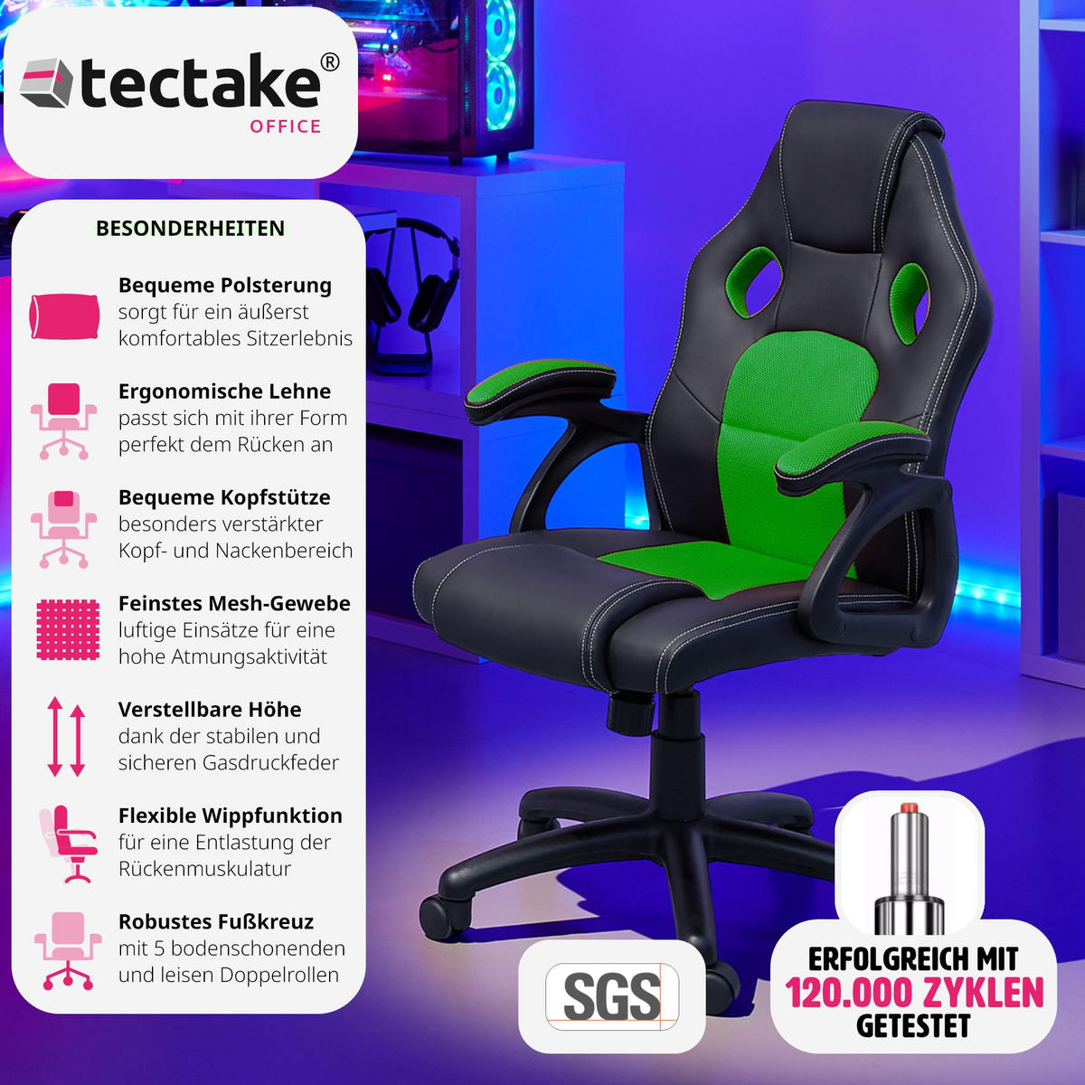 BÜROSTUHL Mike,stufenlos höhenverstellbar,schwarz/grün - Schwarz/Grün, Leder (68/114.5/69cm) - tectake