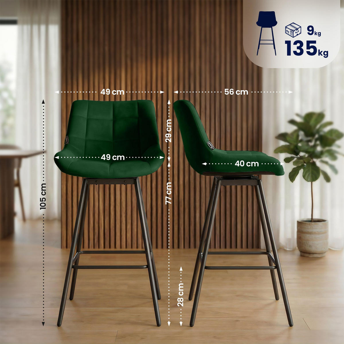 BARHOCKER Samt Dunkelgrün - Dunkelgrün/Schwarz, Textil/Metall (49/105/56cm) - CLP