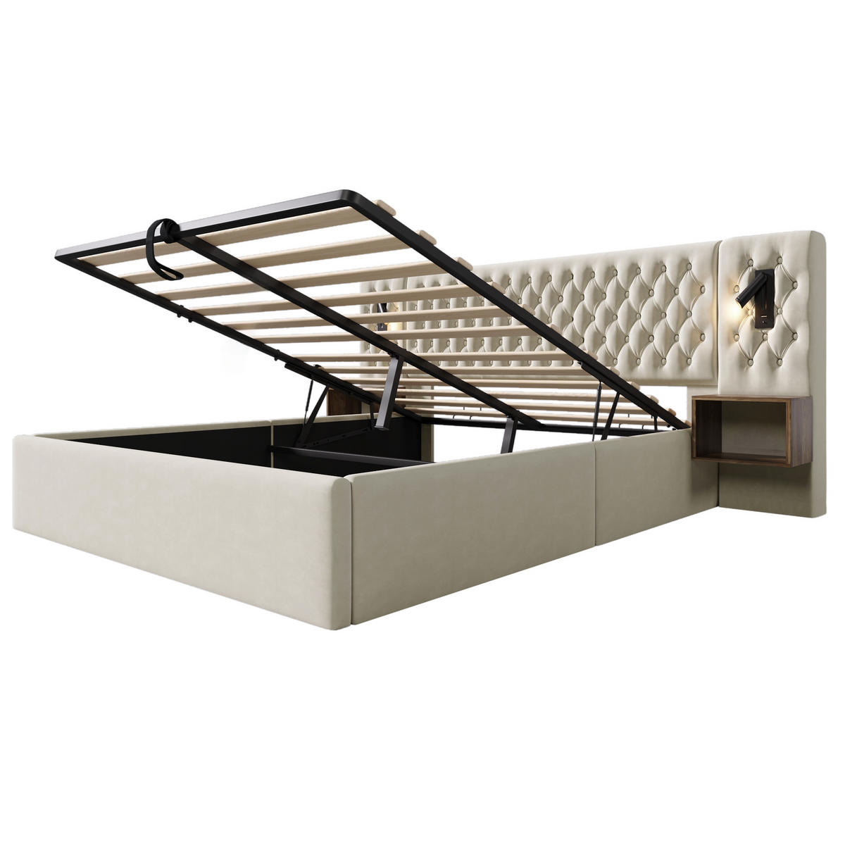 POLSTERBETT 160/200 cm Beige Hydraulisch Stauraumbett mit Nachttischen und Leselicht - Beige, Textil (160/200cm) - OKWISH
