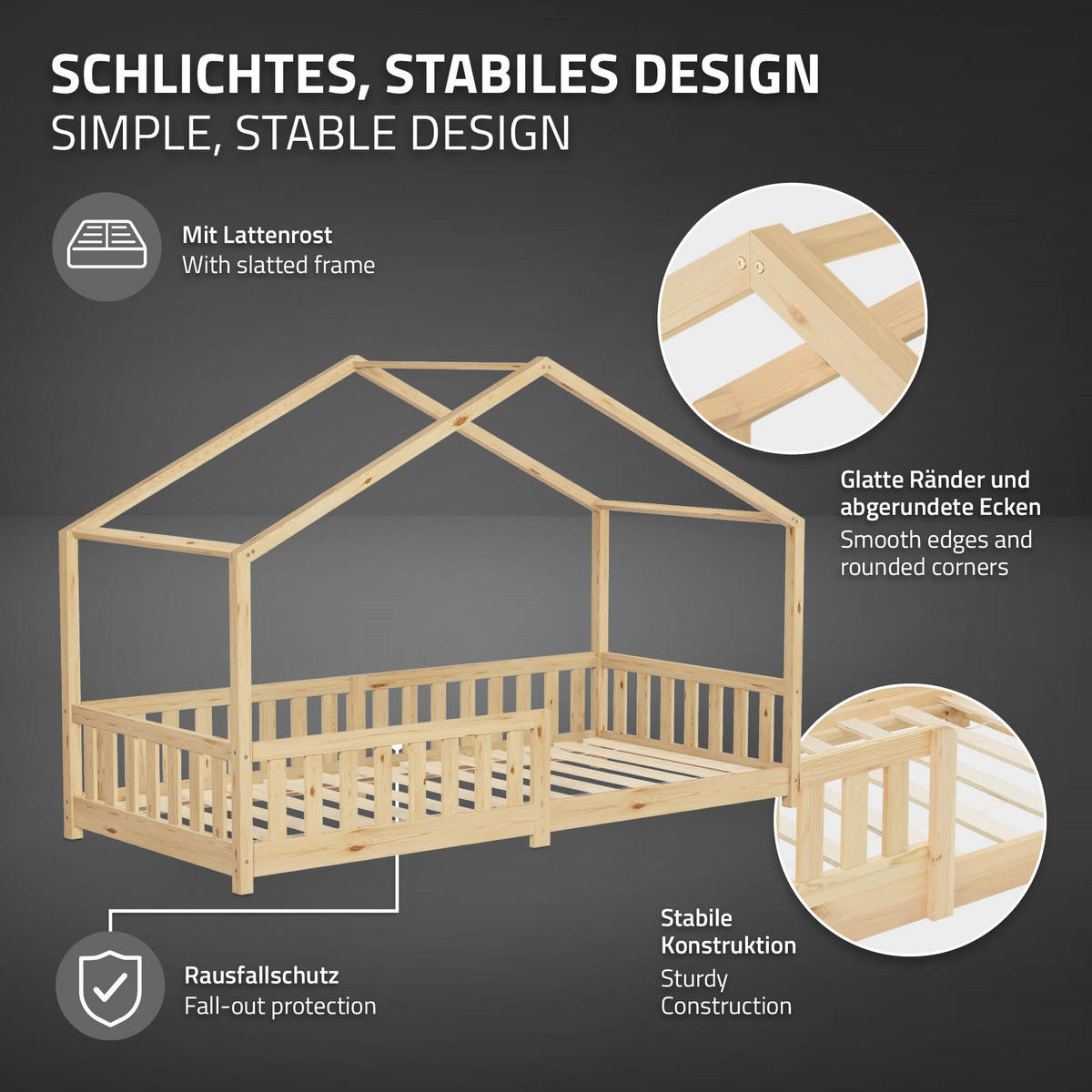 HAUSBETT mit Matratze 90x200 cm H:16cm Natur aus Kiefernholz mit Rausfallschutz - Beige, Holz (90/200cm) - ML-DESIGN