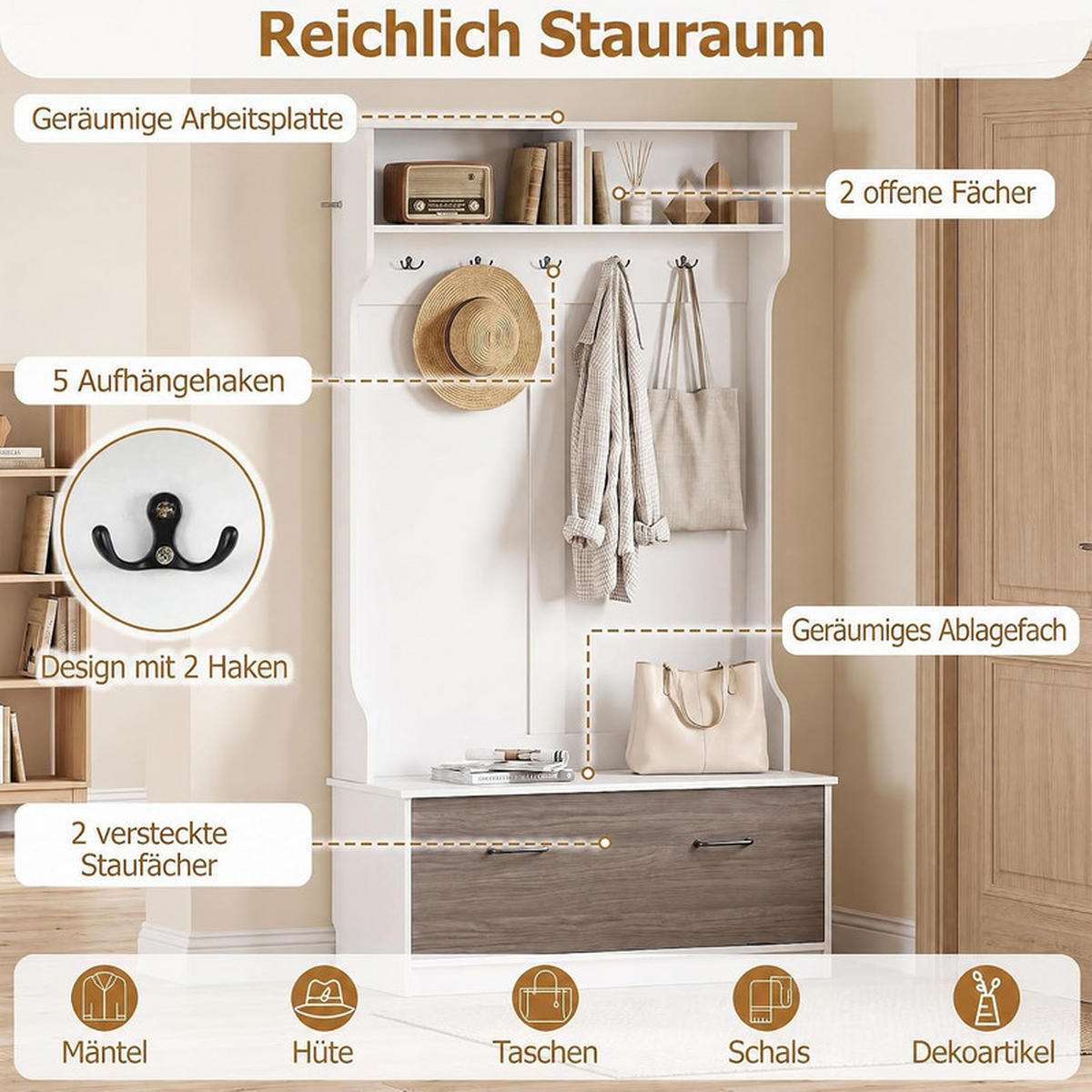 GARDEROBENSTÄNDER mit Schuhschrank weiß - Weiß, Holzwerkstoff (100/180/71cm) - COSTWAY