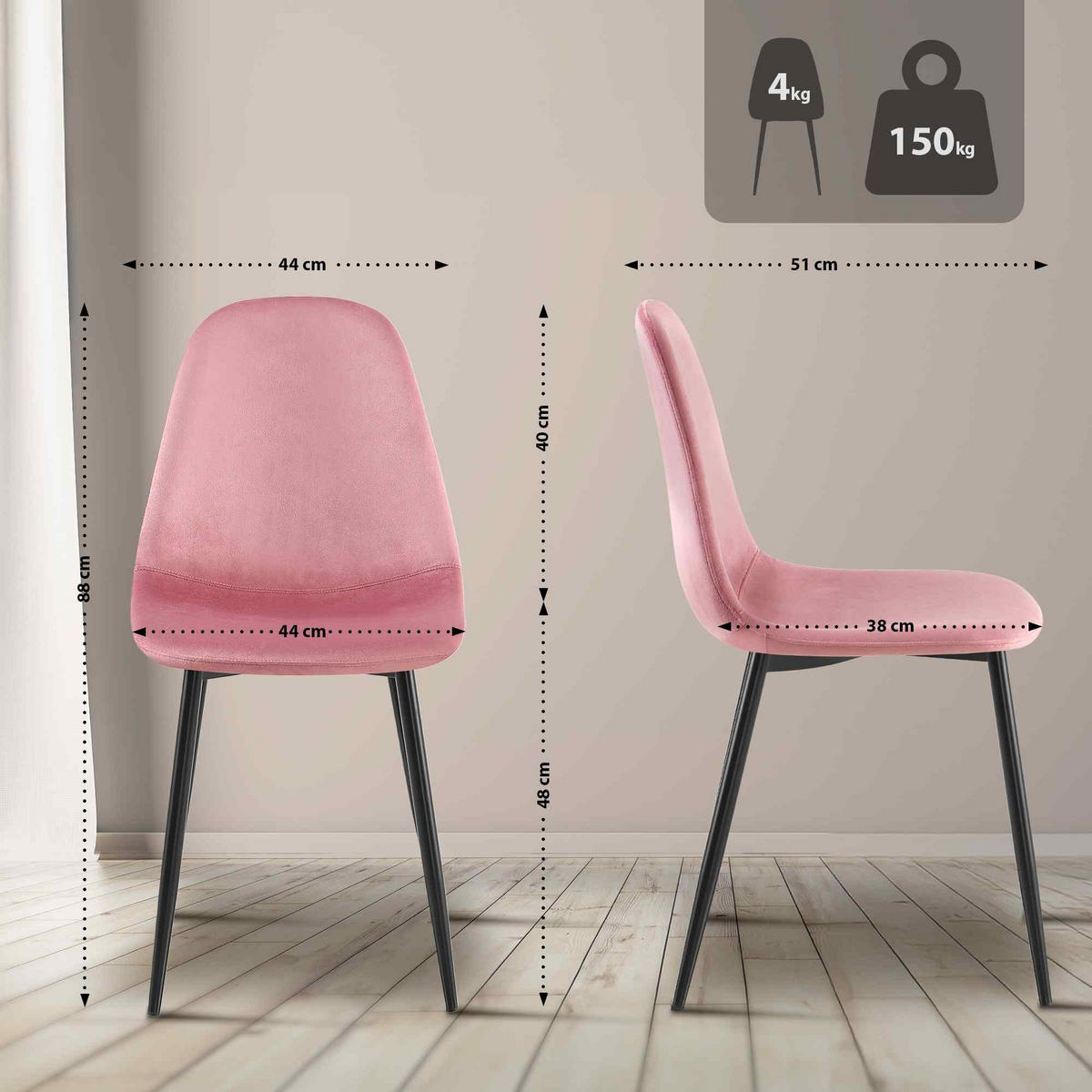 STUHL Samt Pink - Pink/Schwarz, Textil/Metall (44/88/51cm) - CLP