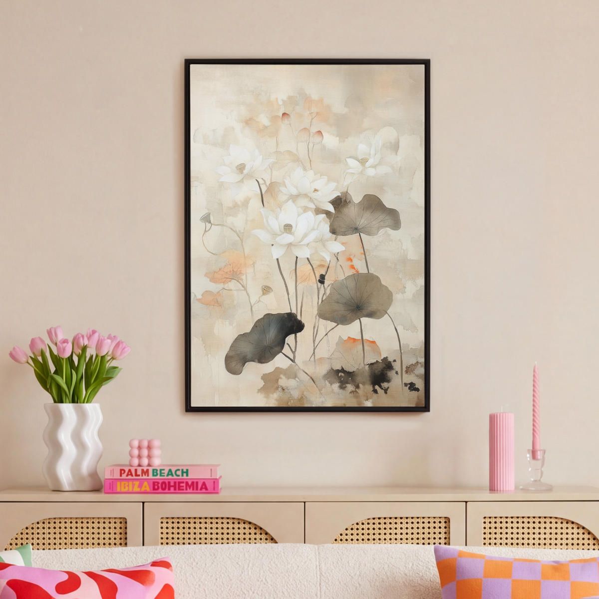 LEINWAND Bilder mit Rahmen - Blumen - Japandi - Wabi sabi - 60x90 - Sandfarben, Textil (60/90cm) - MuchoWow