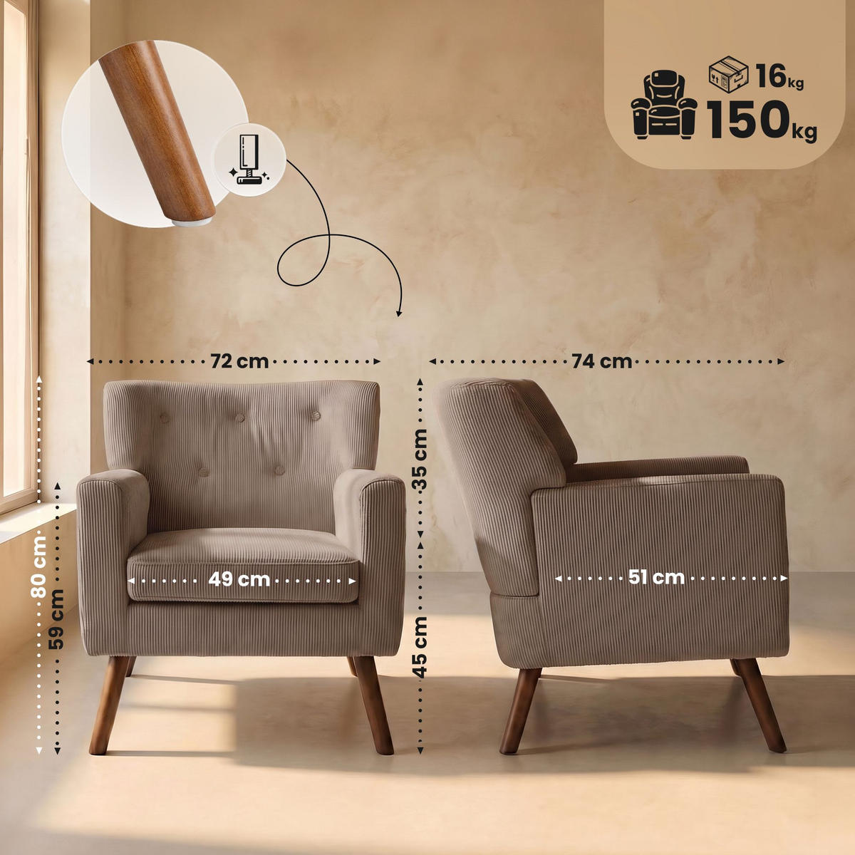 SESSEL Cord Taupe - Taupe/Braun, Textil (72/80/74cm) - CLP