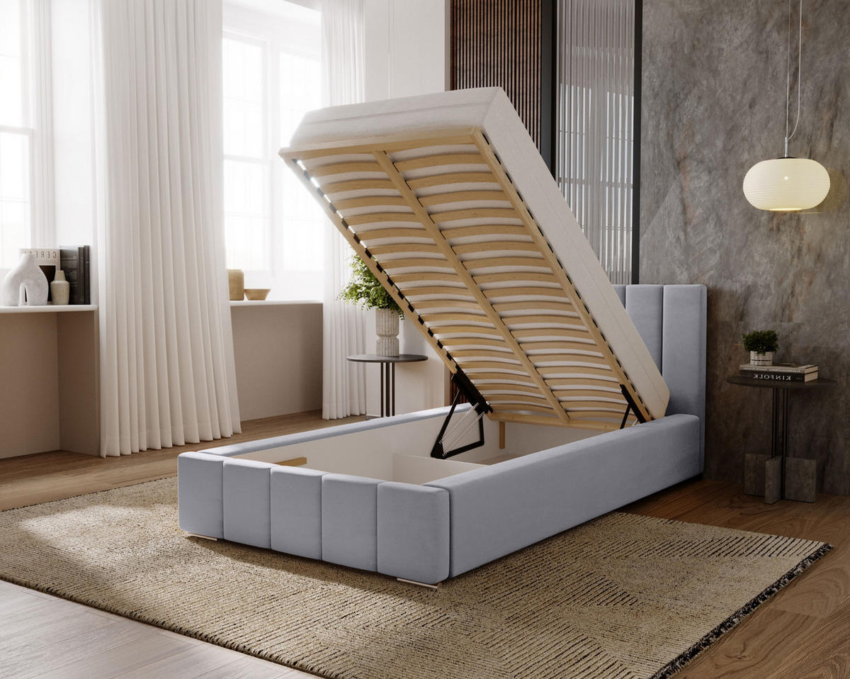 POLSTERBETT Nero 90x200 cm, Einzelbett mit Bettkasten und Lattenrost aus Holz, Velourstoff: Hellbraun - Hellbraun, Holz/Kunststoff (90/200cm) - Marpur