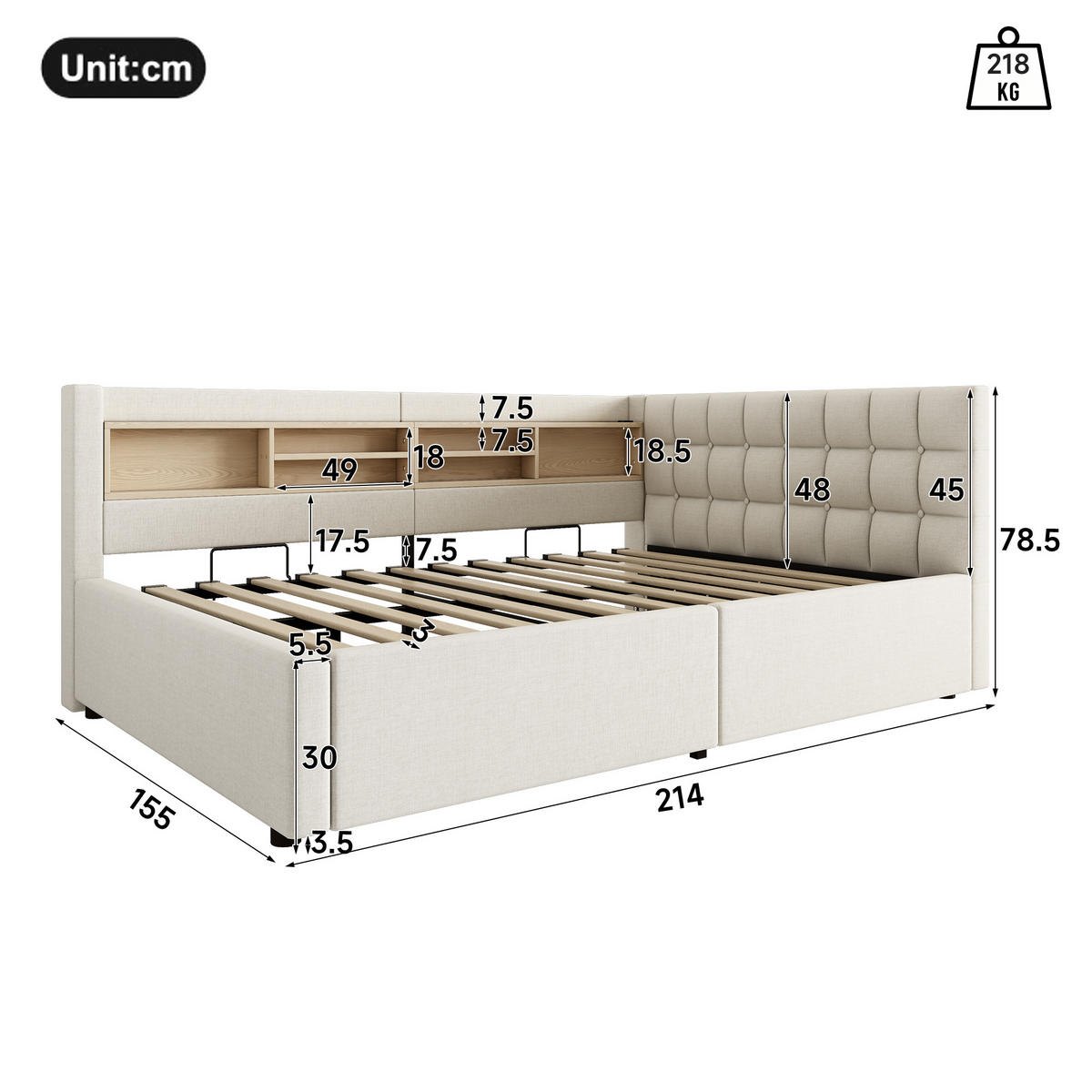 TAGESBETT 140x200cm Schlafsofa Hydraulik LED USB Beige - Beige, Naturmaterialien (140/200cm) - FLIEKS