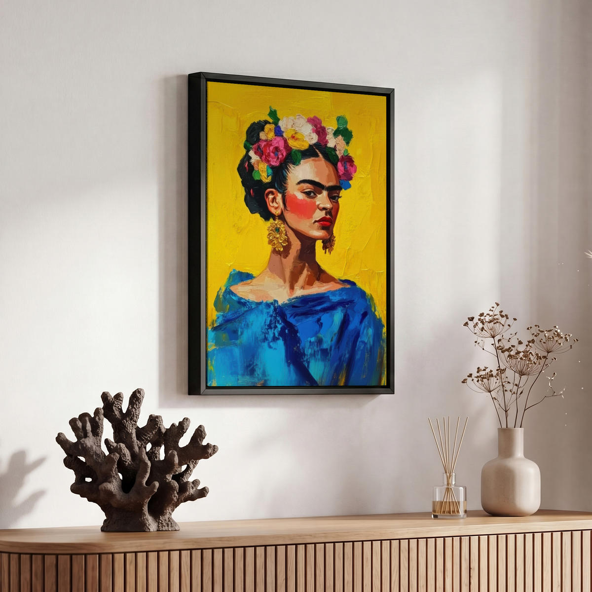 LEINWAND Bilder mit Rahmen - Frida Kahlo - Frau - Gelb - Blau - Blumen - 20x30 - Gelb, Textil (20/30cm) - MuchoWow
