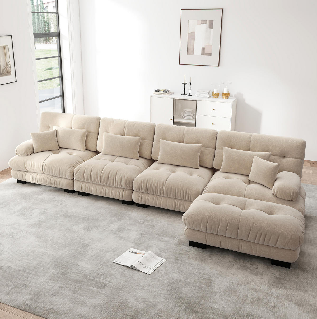 ECKSOFA in Hellbraun aus Chenille mit beweglichem Ottoman und Cloud-Komfort - Cappuccino, Textil (145/406cm) - Flora Grace