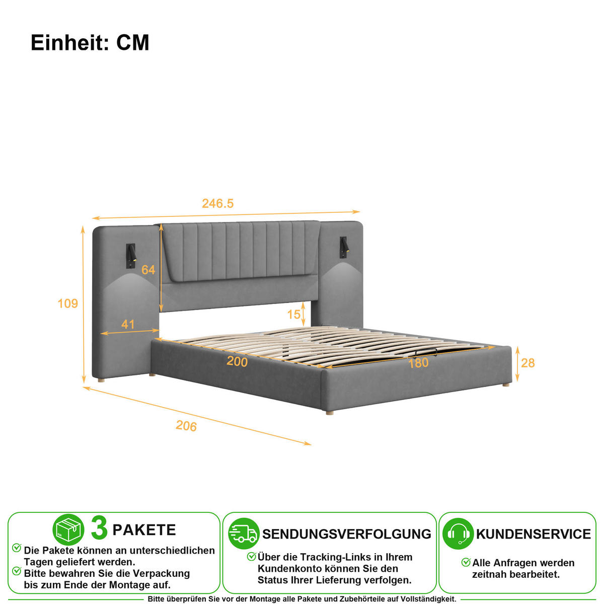 POLSTERBETT 180/200 cm in Grau Samt mit Bettkasten, Leselampen und USB - Grau, Holzwerkstoff/Textil (180/200cm) - CHICFURN