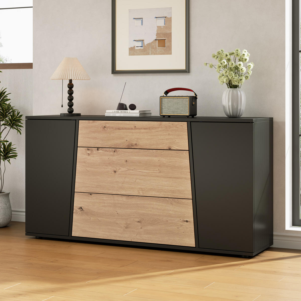 KÜCHENSCHRANK 140x35x70cm Schwarz Holzton mit 3 Schubladen - Schwarz/Naturfarben, Holzwerkstoff (140/70/35cm) - FLIEKS