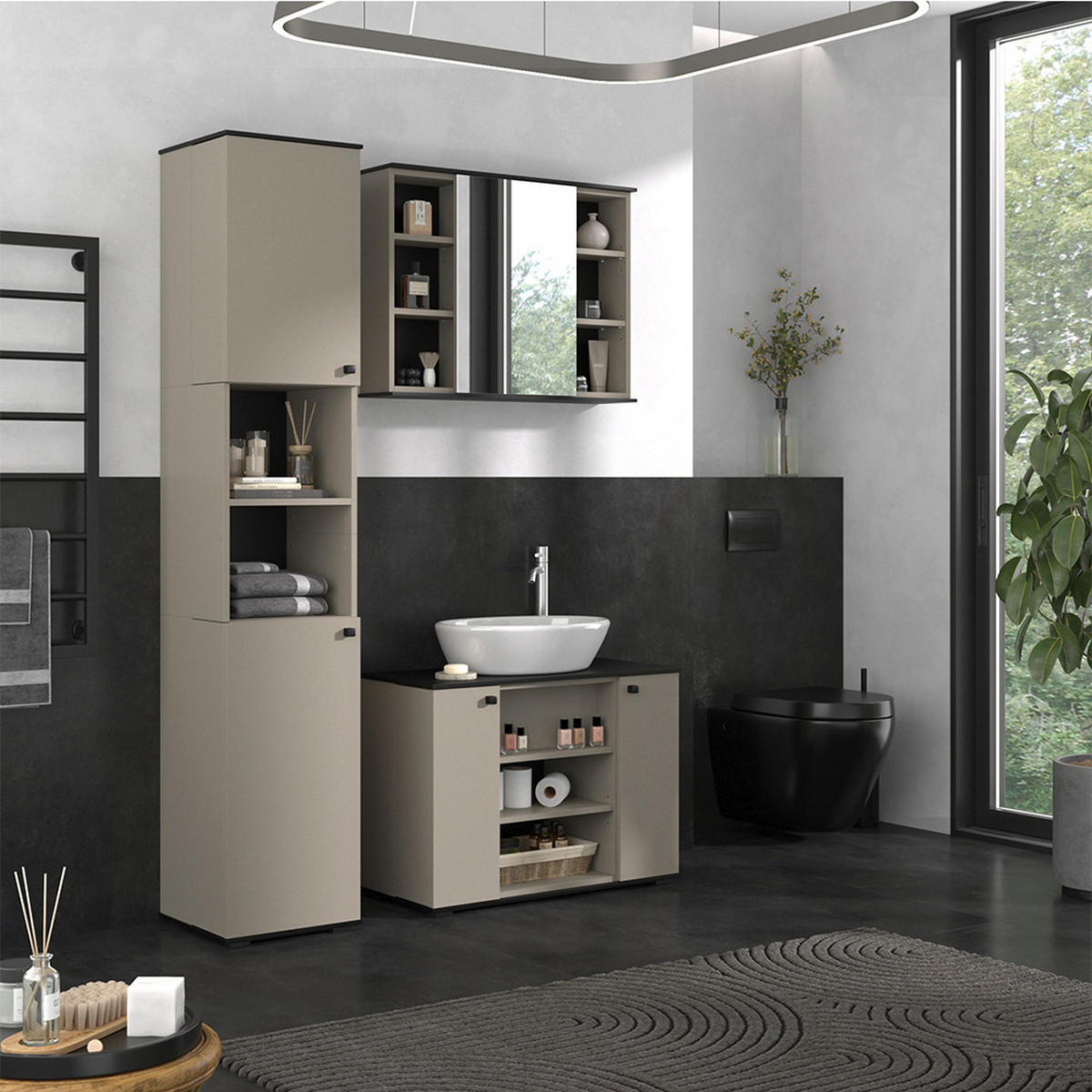 BADMÖBEL-SET Joli Greige 3 Teile, mit Hochschrank - Greige/Schwarz, Holzwerkstoff (80/59/37cm) - Vicco