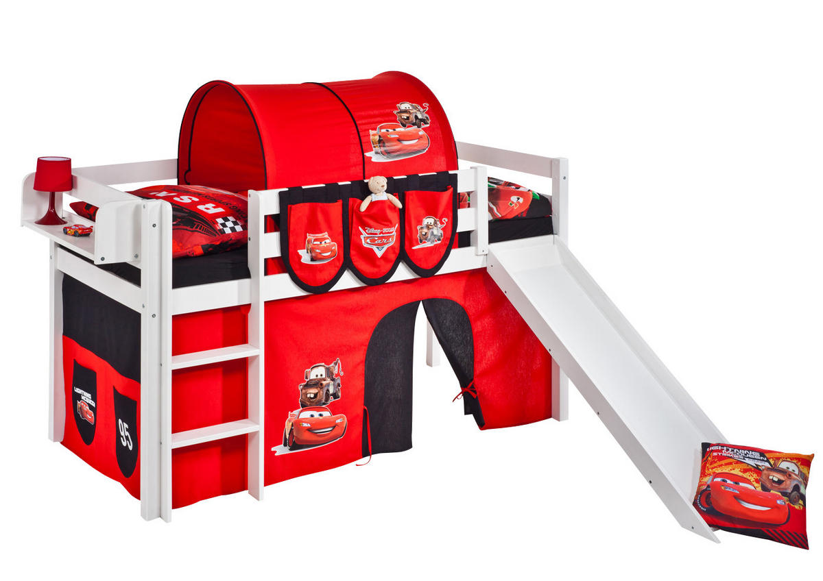 SPIELBETT JELLE Disney Cars - Hochbett - mit Rutsche und Vorhang - Weiß, Holz - Lilokids