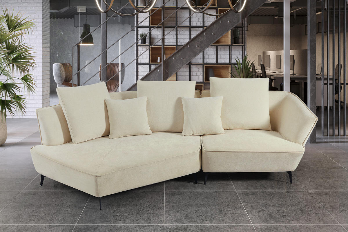 DESIGNSOFA GARBO Cremeweiß Webstoff - Creme/Schwarz, Textil/Metall (280/92/158cm) - KAWOLA