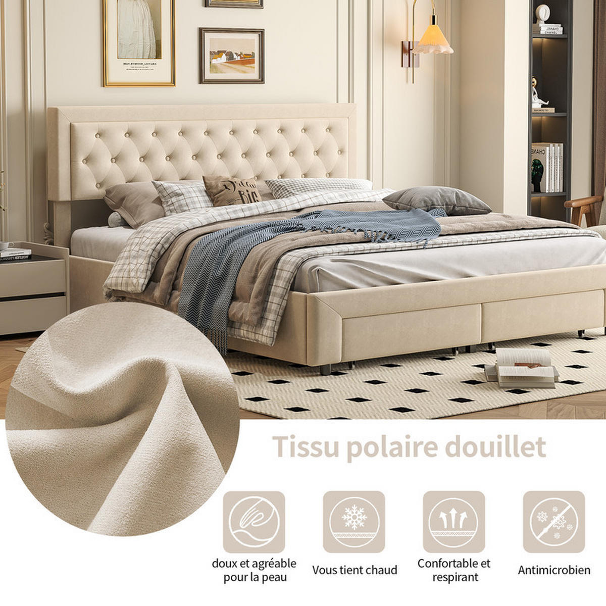 POLSTERBETT 160x200cm, Beige, Samt, mit Schubladen und Lattenrost, ohne Matratze - Beige, Holz (160/200cm) - WoodenAura