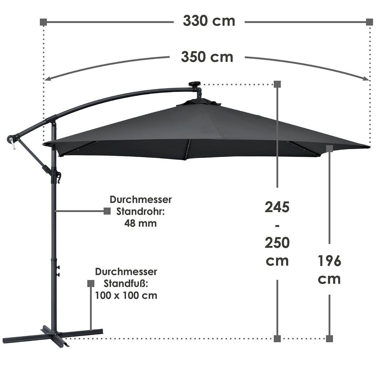 AMPELSCHIRM Brazil dunkelgrau 3,5m mit LED, Kurbel und Standfuß - Dunkelgrau, Metall (330/330cm) - Juskys