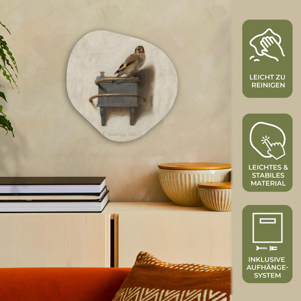 WANDBILD Stieglitz - Alter Meister - Carel Fabritius 40x40 cm - Grau, Kunststoff (40/40cm) - MuchoWow