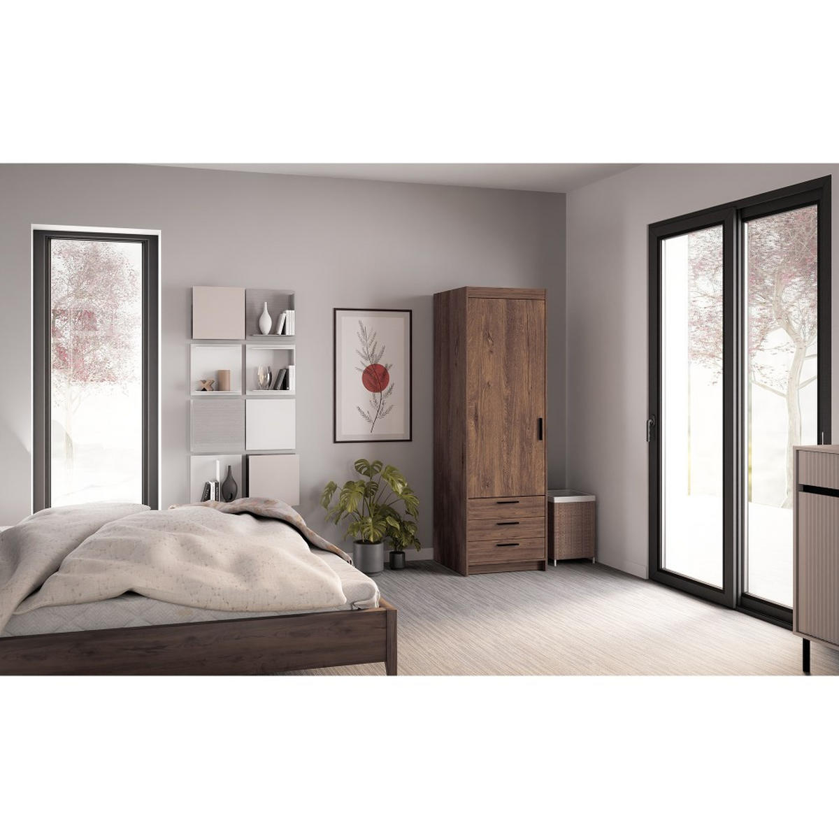 DREHTÜRENSCHRANK Elena mit 1 Tür und 3 Schubladen, Eiche Lefkas - Eichefarben, Holzwerkstoff (60/190/53cm) - Beautysofa