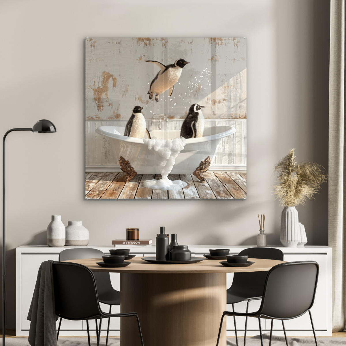 ACRYLGLASBILD Vintage - Pinguin - Badewanne - Schaumstoff 90x90 cm - Schwarz, Glas (90/90cm) - MuchoWow