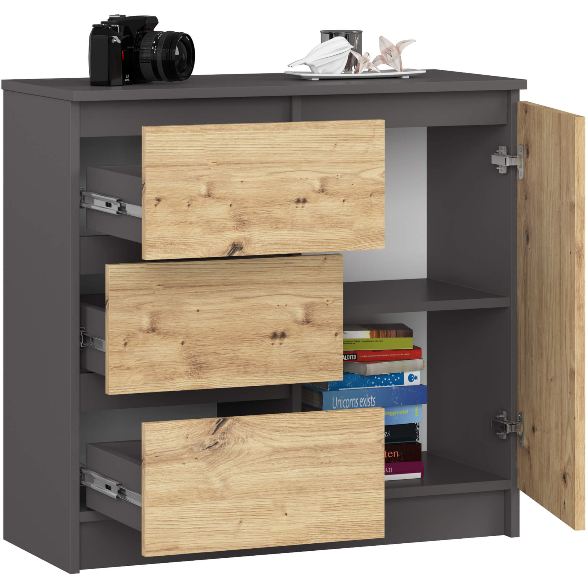 KOMMODE Grau, Eiche Artisan 35x80x77 cm - Eiche Artisan/Grau, Holzwerkstoff (80/77/35cm) - Akord