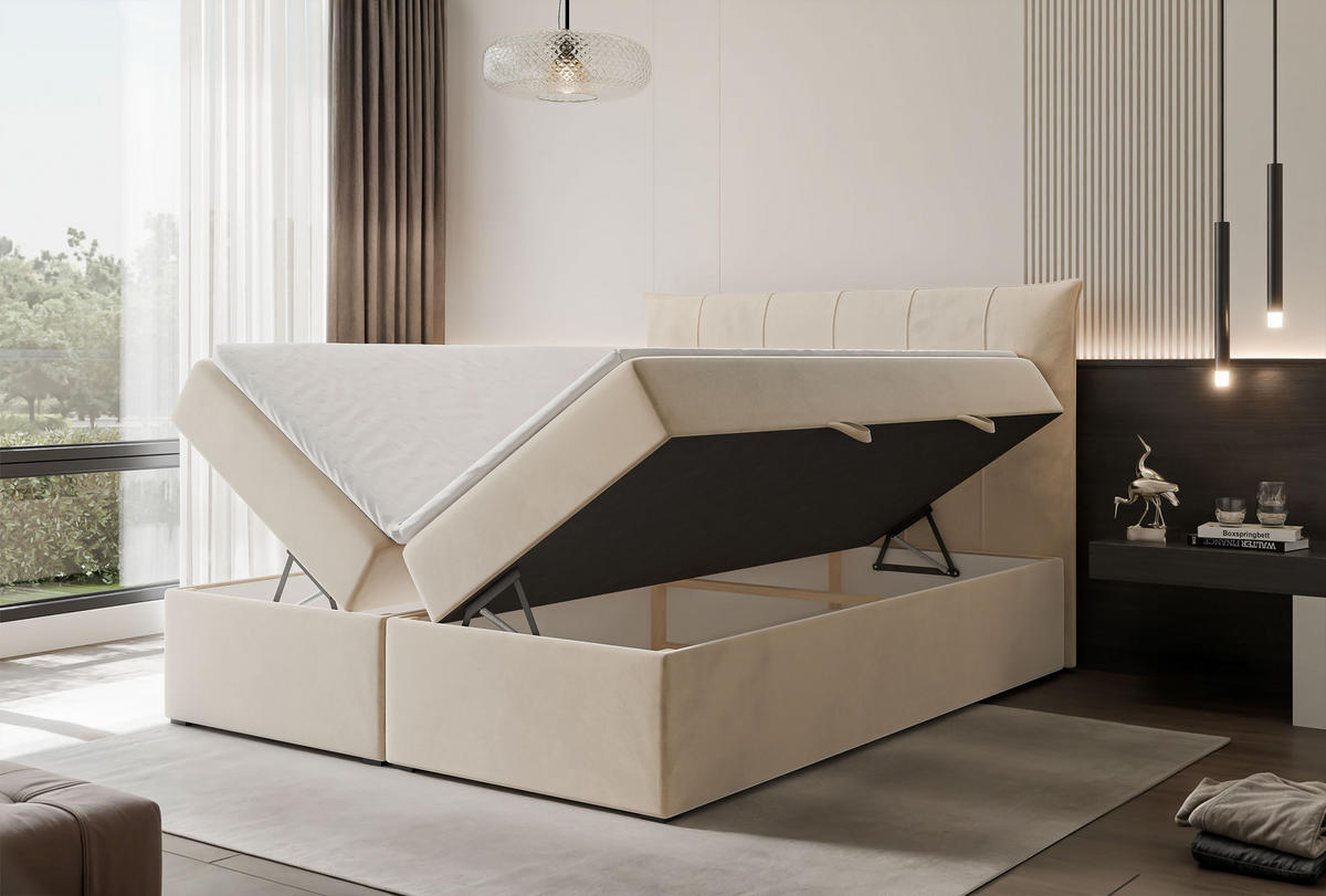 BOXBETT CHESTER 160/200 cm mit Matratze und Topper, Hellbeige - Sandfarben, Holzwerkstoff/Textil (160/200cm) - Idohome
