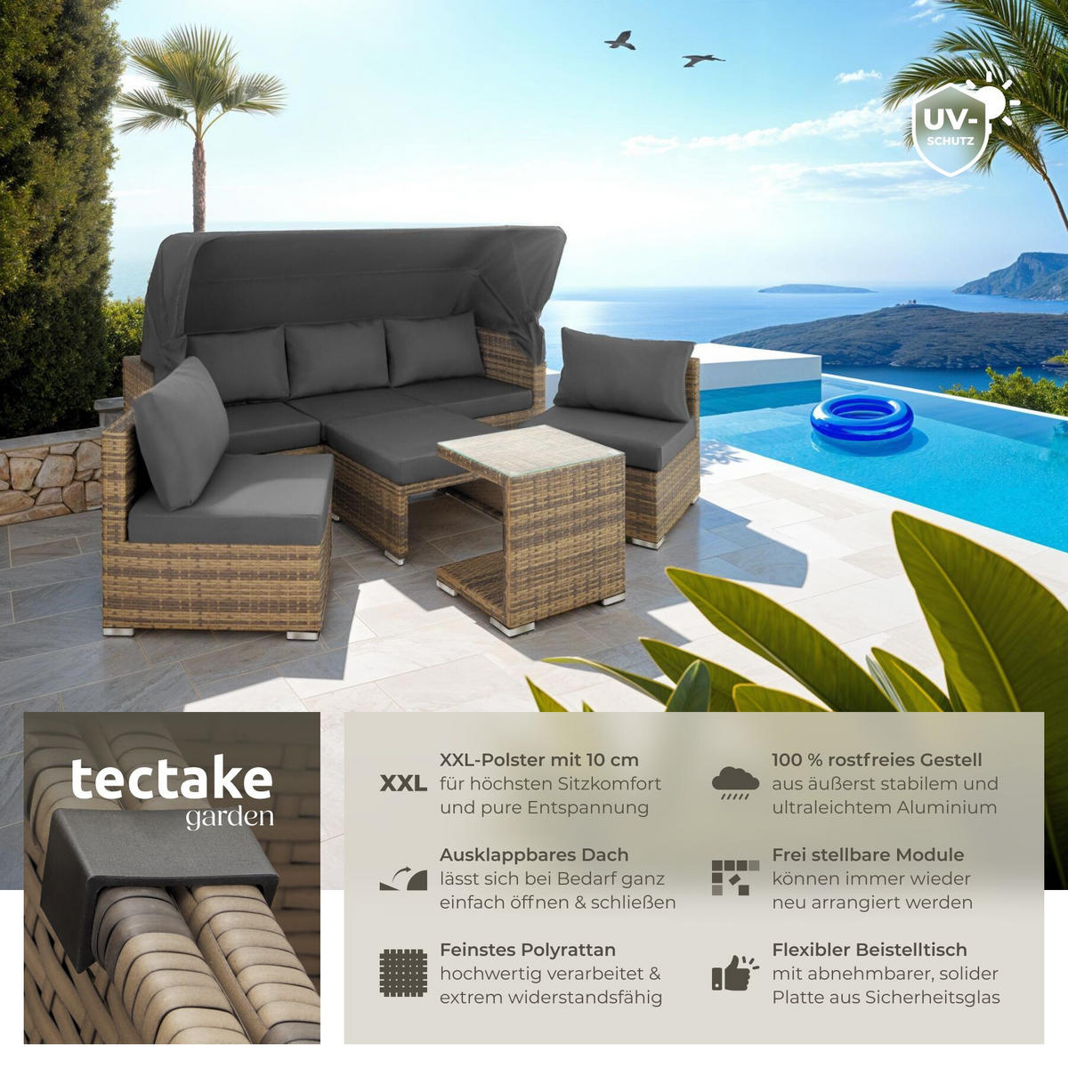 RATTANLOUNGE San Marino, mit Sicherheitsglasplatte, variabel aufstellbar, natur - Naturfarben, Kunststoff (68/131/199cm) - tectake