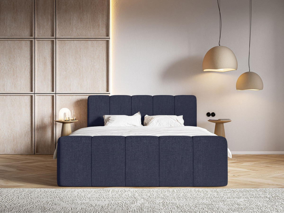 BOXBETT Cloudy II mit Bettkästen und Topper Chenille Marineblau, 140x200 cm - Schwarz/Dunkelblau, Kunststoff/Textil (140/200cm) - Selsey