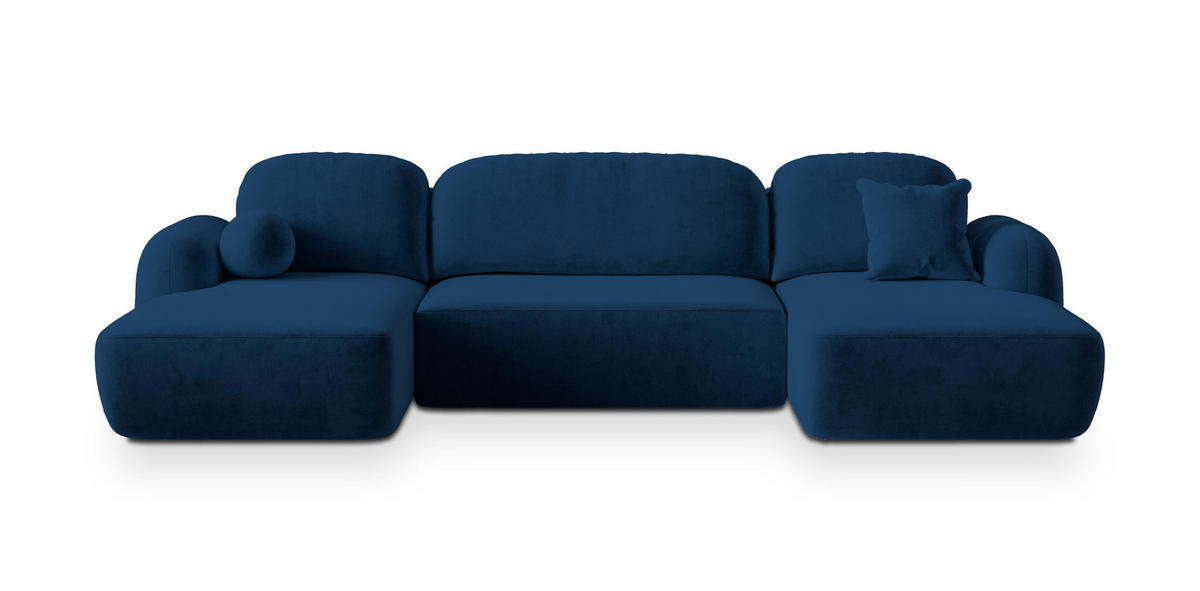 WOHNLANDSCHAFT SAVONA K Blau Plüsch-Stoff mit Schlaffunktion - Blau, Holz (320/90/148cm) - MASSENO