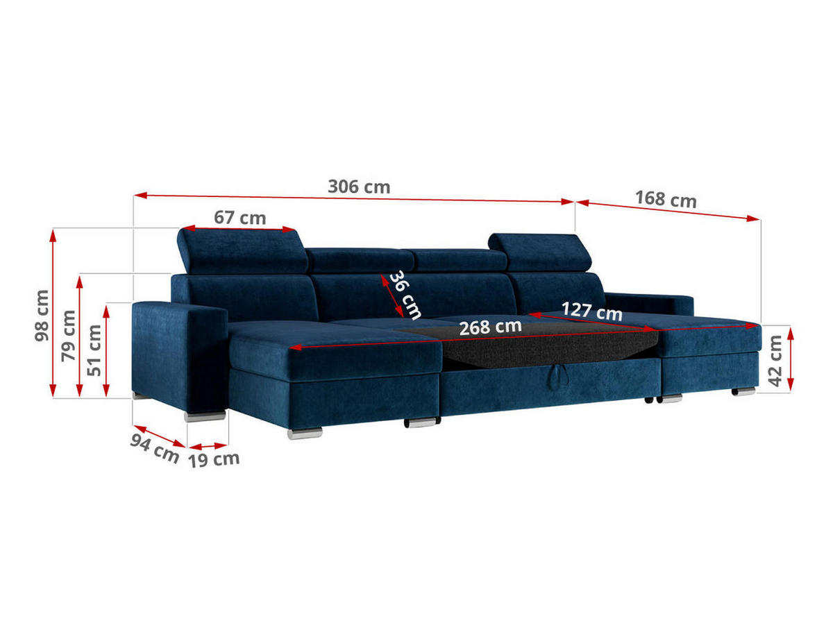 WOHNLANDSCHAFT FOX U Dunkelblau - Velvet - Silberfarben/Dunkelblau, Kunststoff/Textil (306/98/168cm) - MKS