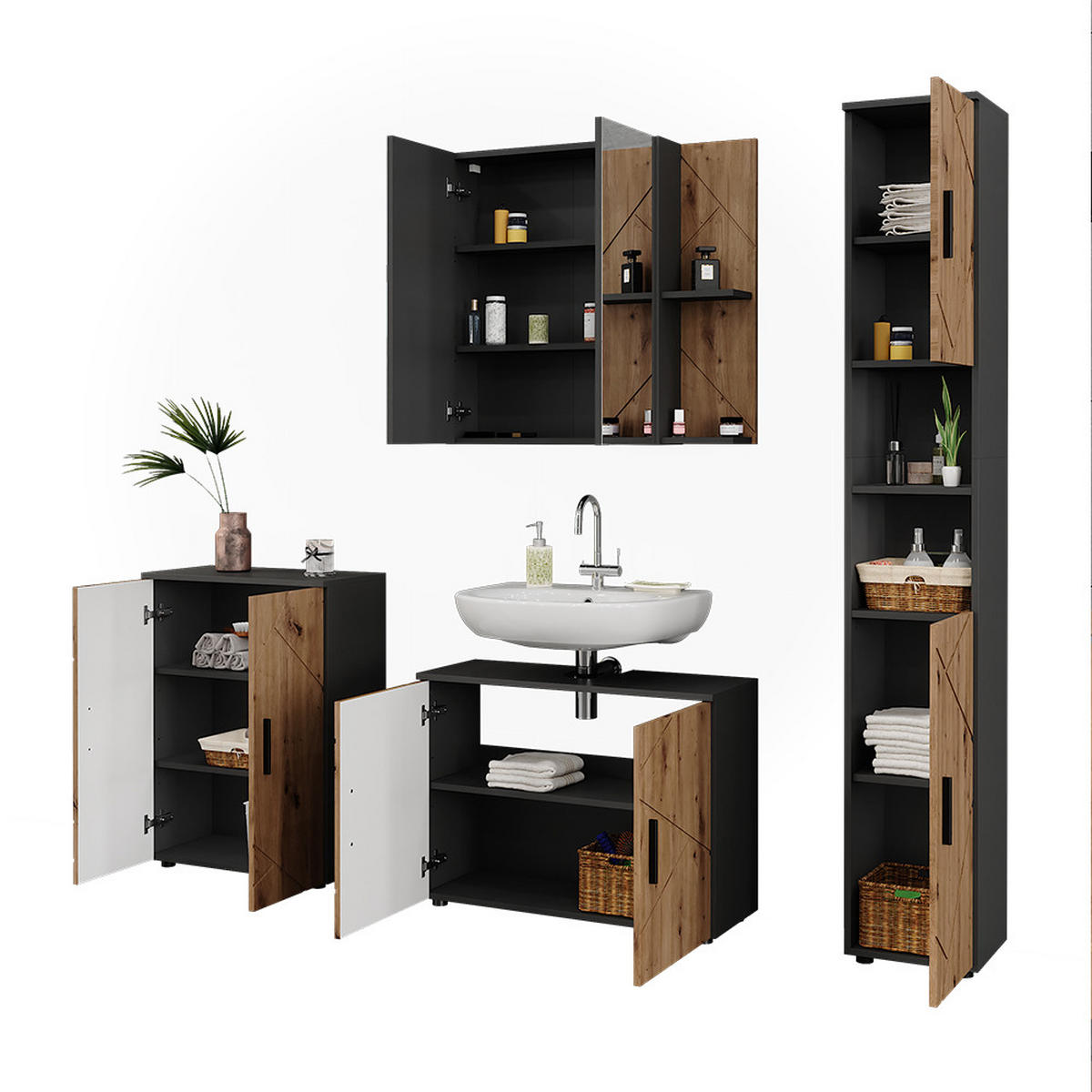 BADMÖBEL-SET Irma Anthrazit/Artisan 4 Teile - Anthrazit/Hellgrau, Holzwerkstoff (80/59/30cm) - Vicco