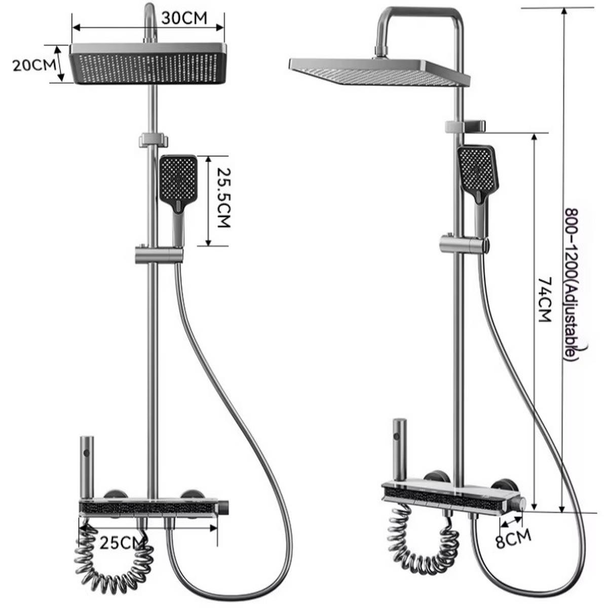 ÜBERKOPFBRAUSESET LED Digitalanzeige Messing, grau - Grau, Metall (20/120/30cm) - Bextcok