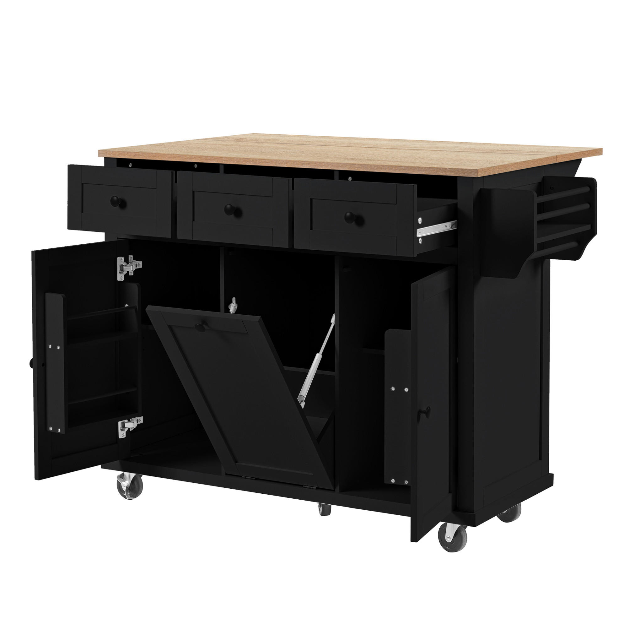 OKWISH KUCHYŇSKÝ ostrov 112/46,2-76,2/92,7 cm černá a přírodní z MDF s výsuvnou pracovní deskou a úložným prostorem