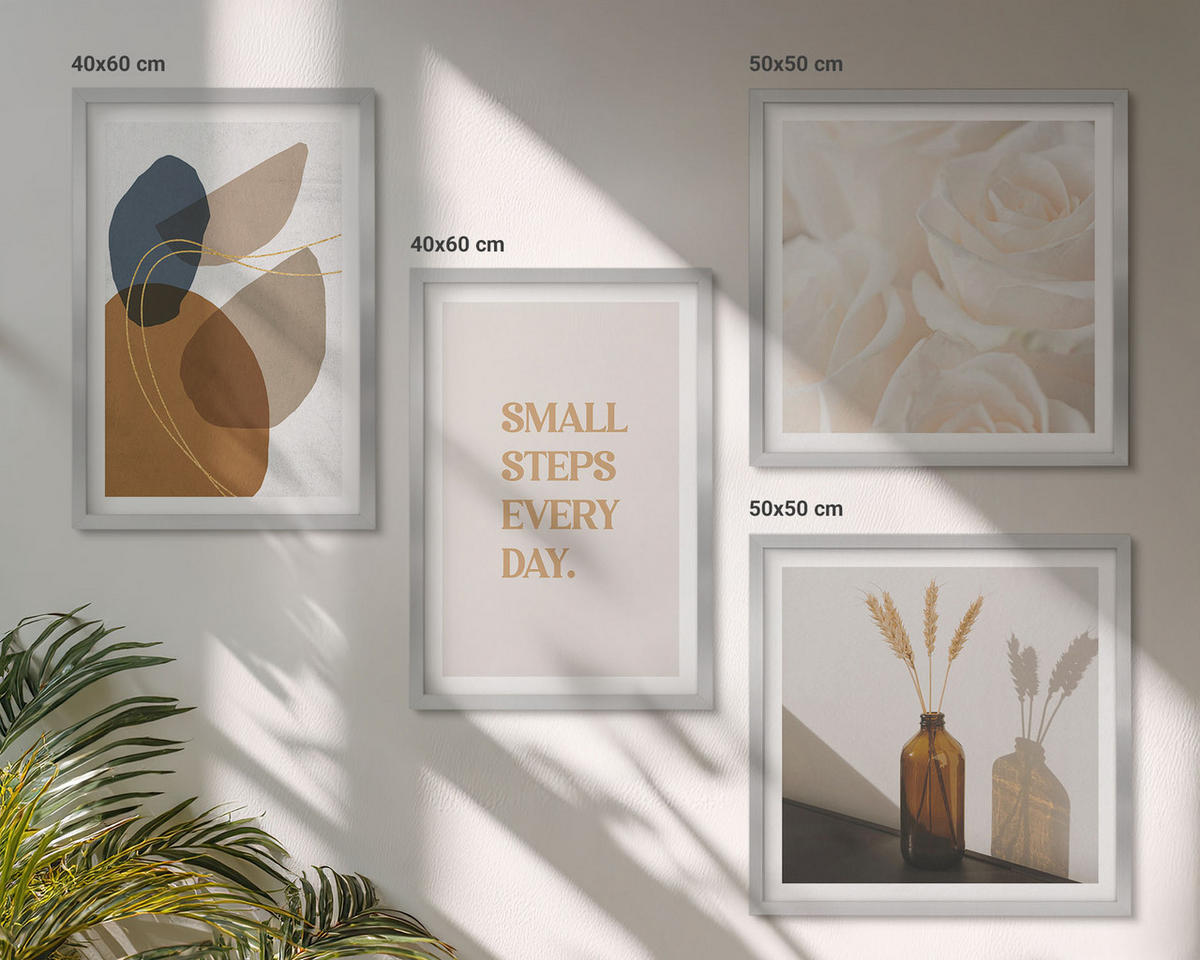 WANDBILDER 4er Set - 50x50 cm & 40x60 cm Silberner Rahmen - Abstrakte Formen Akzente - Silberfarben, Kunststoff (50/50cm) - ArtPrintCave