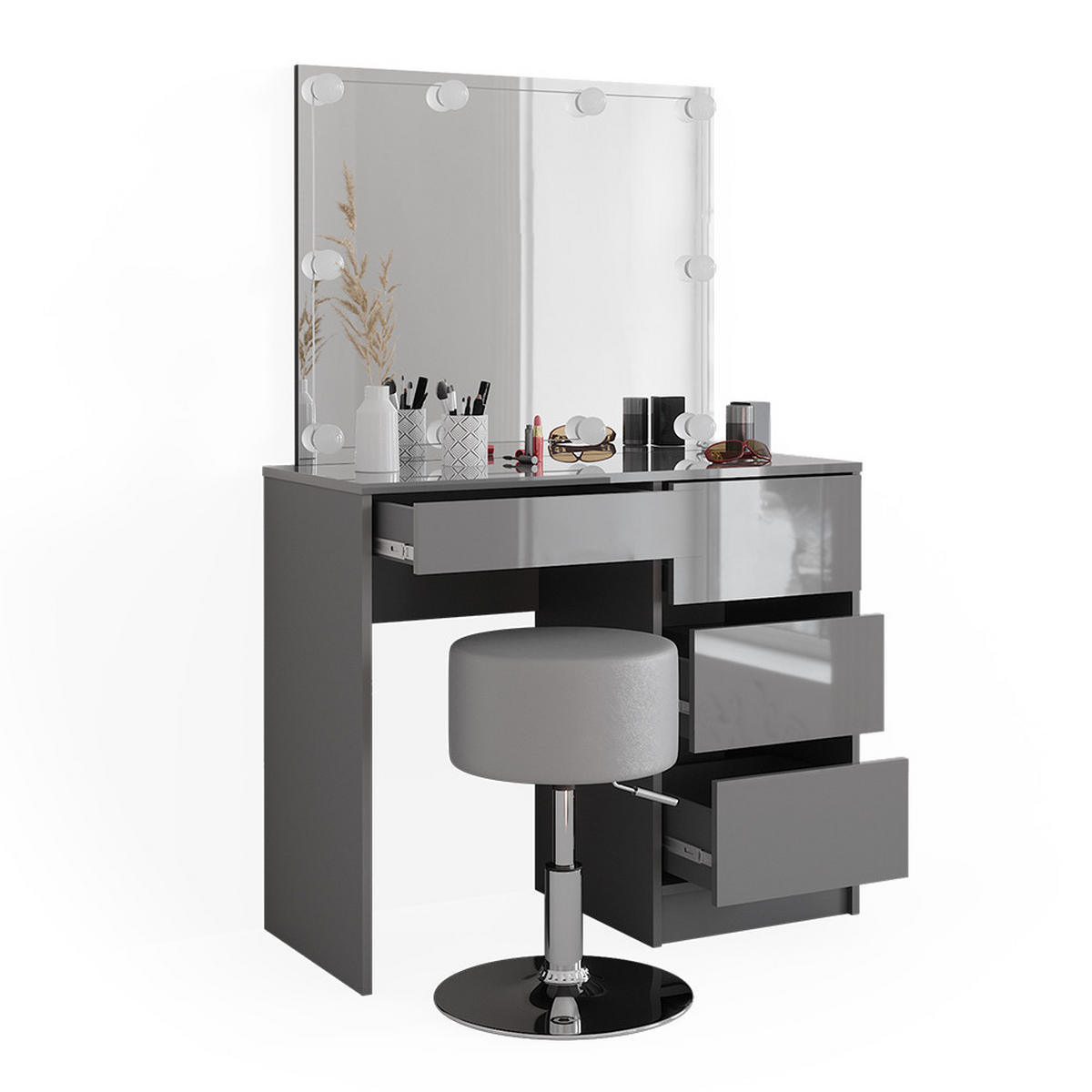 SCHMINKTISCH Sherry Grau 90 cm mit LED Beleuchtung und Hocker - Grau, Holzwerkstoff (90/75/40cm) - Vicco