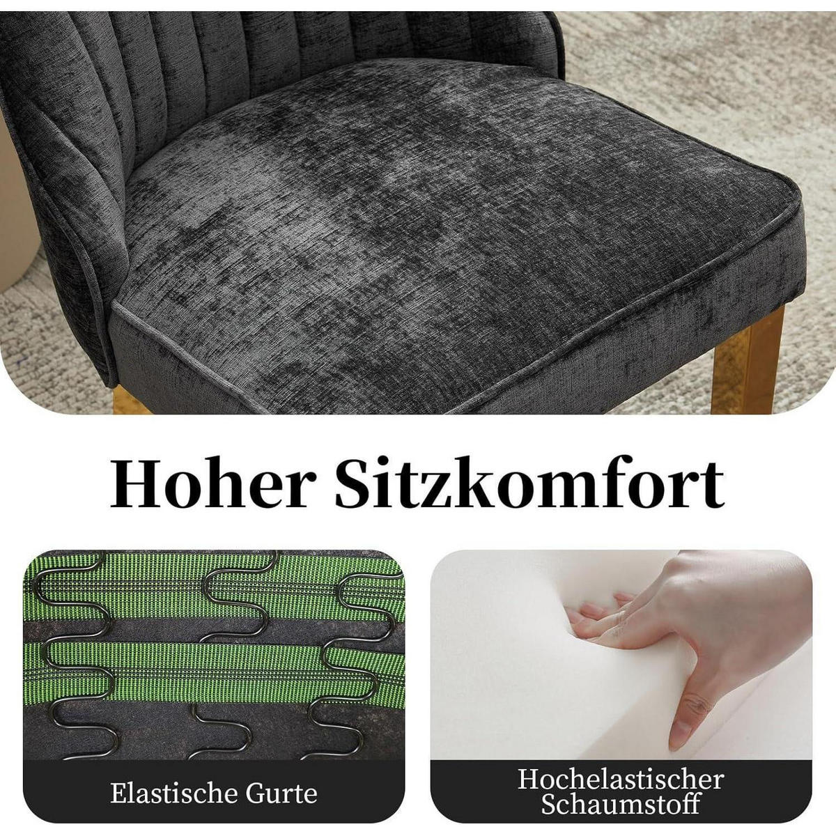 ESSZIMMERSTÜHLE 6er-Set Stoff Schwarz mit goldfarbenen Edelstahlbeinen - Schwarz, Textil (50/95.5/53.8cm)