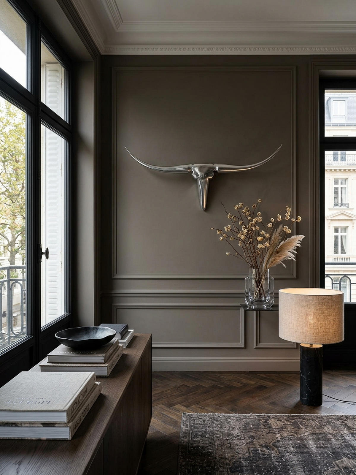 WANDDEKO Bull Geweih aus Aluminium 125 cm Breite, Silber 100x5x35 cm - Silberfarben, Metall (100/35/5cm) - KADIMA DESIGN