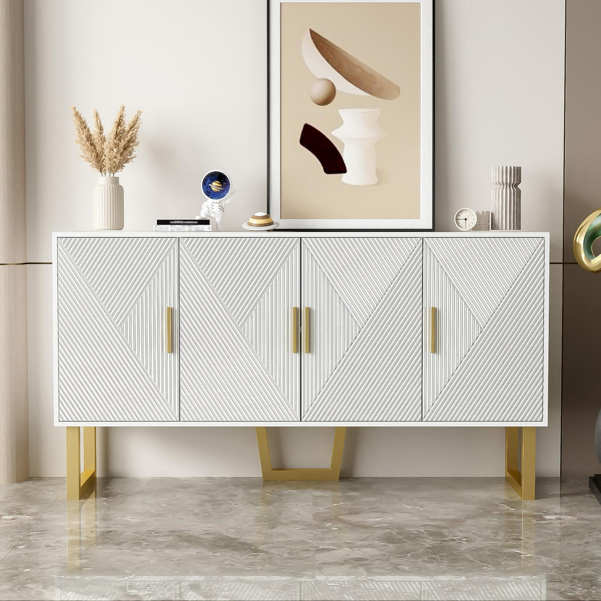 SIDEBOARD 150cm Modern Luxuriös Weiß Goldene Griffe 4 Türen - Weiß, Holzwerkstoff (40/82/150cm) - FLIEKS