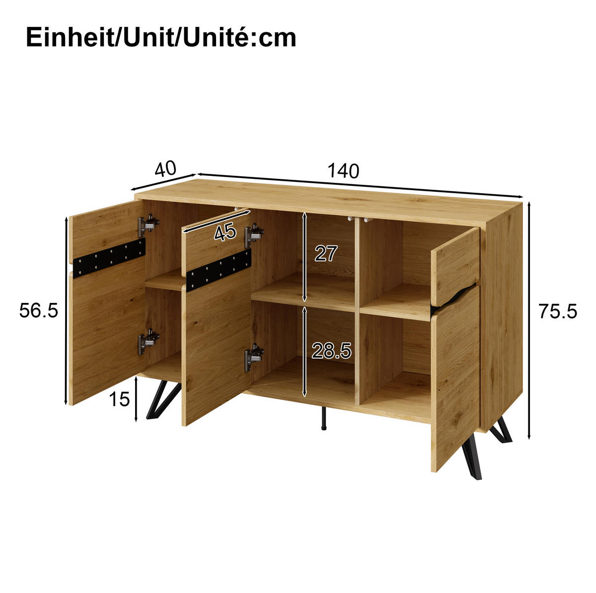SIDEBOARD 140/40/75.5 cm Schwarz/Holzfarbe aus Spanplatte mit Metallbeinen - Naturfarben, Holzwerkstoff (40/75.5/140cm) - OKMYHOME