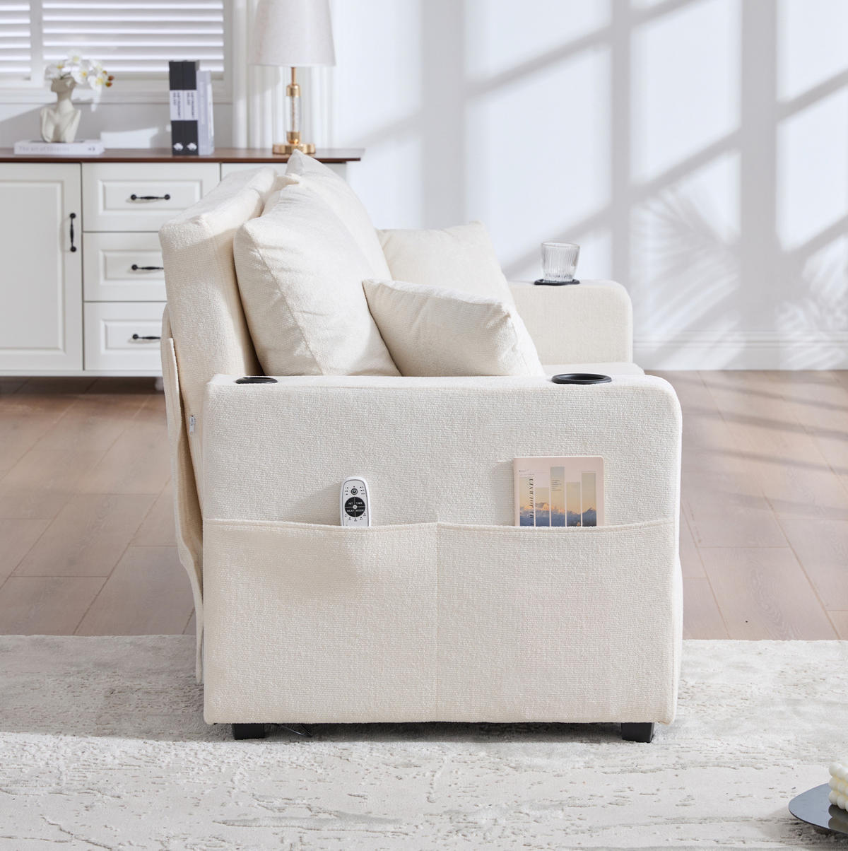 SCHLAFSOFA aus Chenille 139x83x73 cm in Beige mit Schlaffunktion & Seitentaschen - Beige, Textil (139/83/73cm) - Modfu