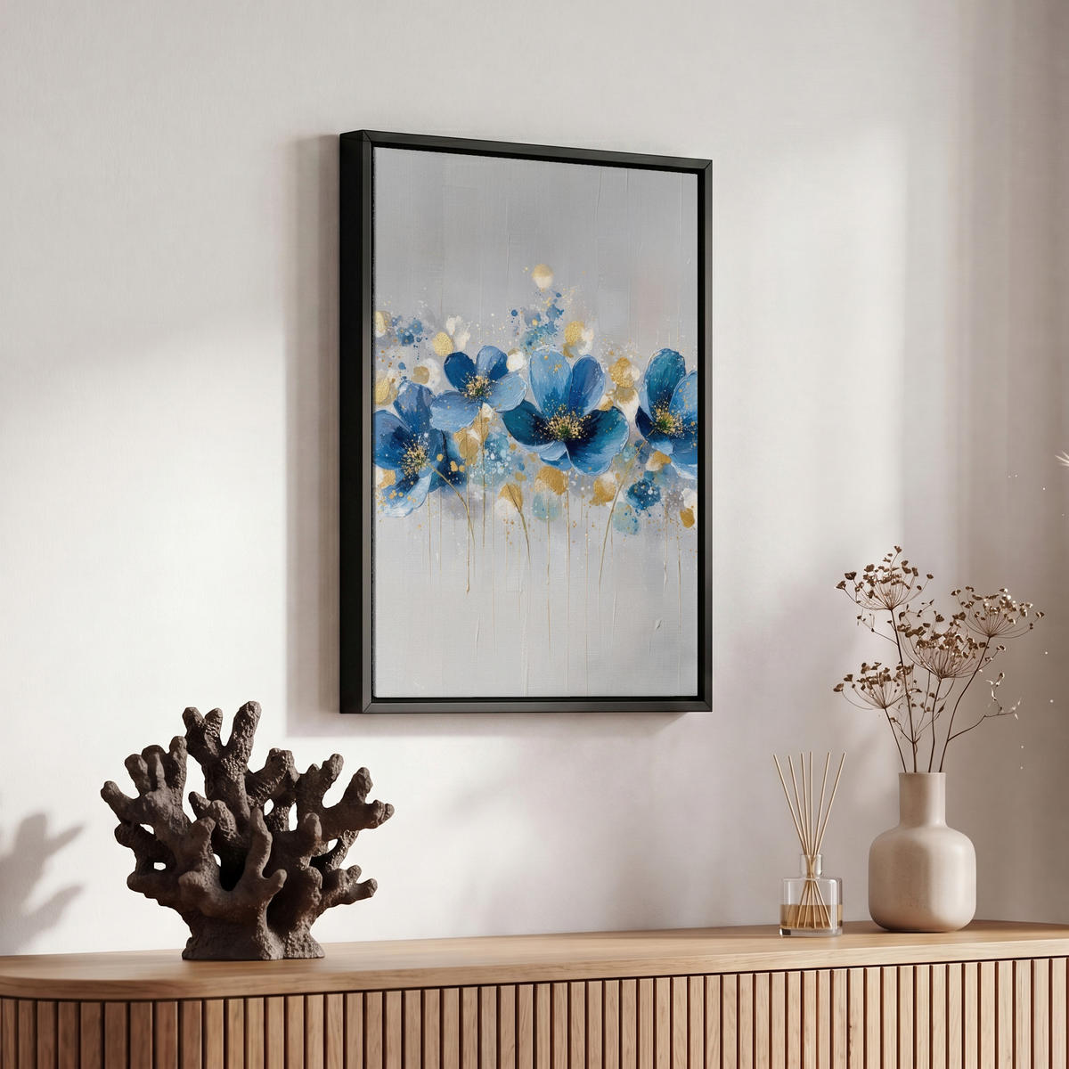 LEINWAND Bilder mit Rahmen - Blumen - Blau - Abstrakt - 20x30 - Hellgrau, Textil (20/30cm) - MuchoWow