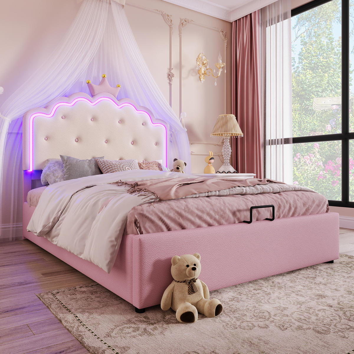 POLSTERBETT mit LED und Stauraum 140x200 cm PU Rosa mit Lattenrost - Pink, Metall (140/200cm) - Beauniv